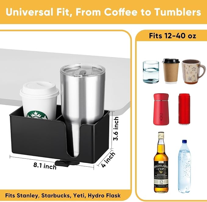 4-in-1 Clip On Desk Cup Holder, Fits up to 40oz cups - Mountable Holder with Adjustable Divider & 360° Rotating Hook - No Spill Clamp On Drink Holder Attachment - for Desk Chair Table Bed Tray - Black - Image 3