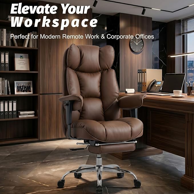 Efomao Executive Office Chair 400lbs,Brown Big and Tall Desk Chair | Mattress-grade pocket spring cushion, sleek leather, 135° recline & footrest for computer gaming setup. - Image 2