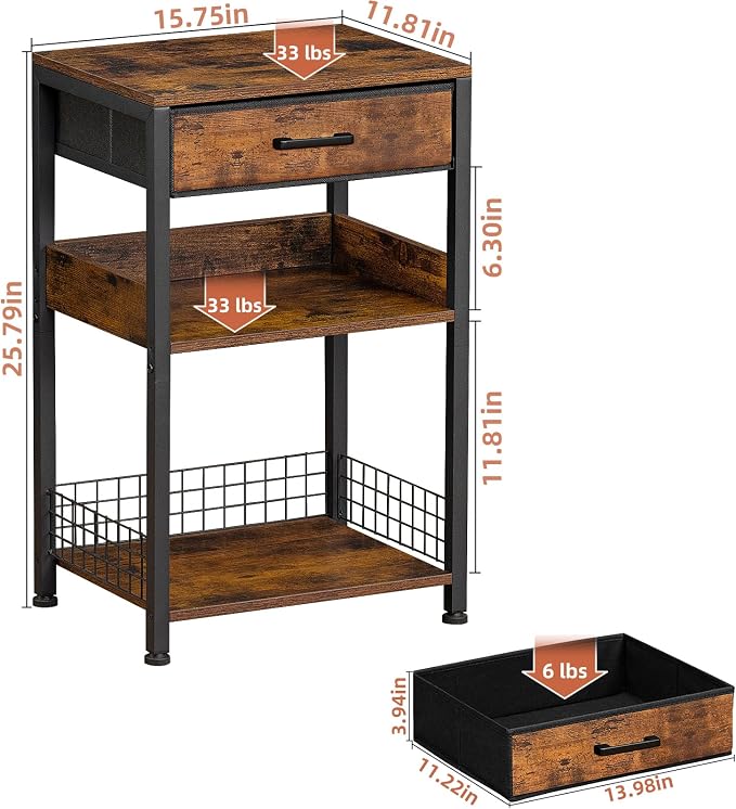 Lerliuo End Table with Fabric Drawer,3 Tier Industrial Wood Side Table with Storage,Modern Tall Printer Stand,Vintage Brown Nightstand,Rustic Bedside Tables for Living Room Bedroom Small Spaces - Image 3