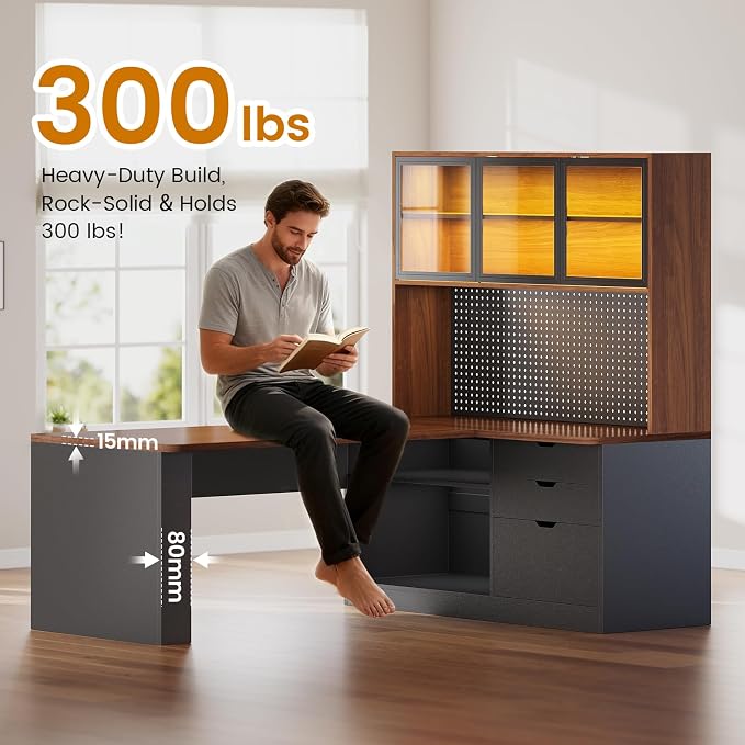SEDETA L Shaped Computer Office Desk with 3 Wood Drawer and Large Bookshelf | L Shaped Corner Gaming Desk with LED Light, Display Cabinet and Pegboard, 27.5" W Large Desktop Table, Brown - Image 6