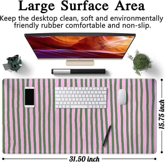 Stripes Aesthetic Desk Mat Pink Retro Style Large Mouse Pad Cute Desk Pad Gaming Mousepad XXL 31.5''X15.7'' Extended Big Computer Keyboard Mouse Mat for Office Decor - Image 5