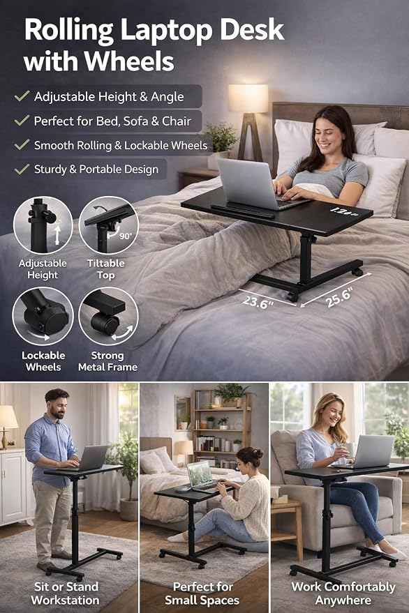 Rolling Laptop Desk with Wheels, Adjustable Height Bed Table for Sofa & Couch, Portable Mobile Workstation, Lockable Wheels, Compact Desk for Small Spaces, Home Office & Study - Image 2