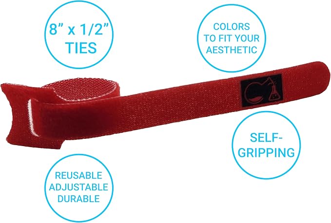 CableLock Cable Ties - 50 Pack - 8 Inch Reusable Cord Organizers - Clean Cable Management for Gaming and Home Office (Red) - Image 2