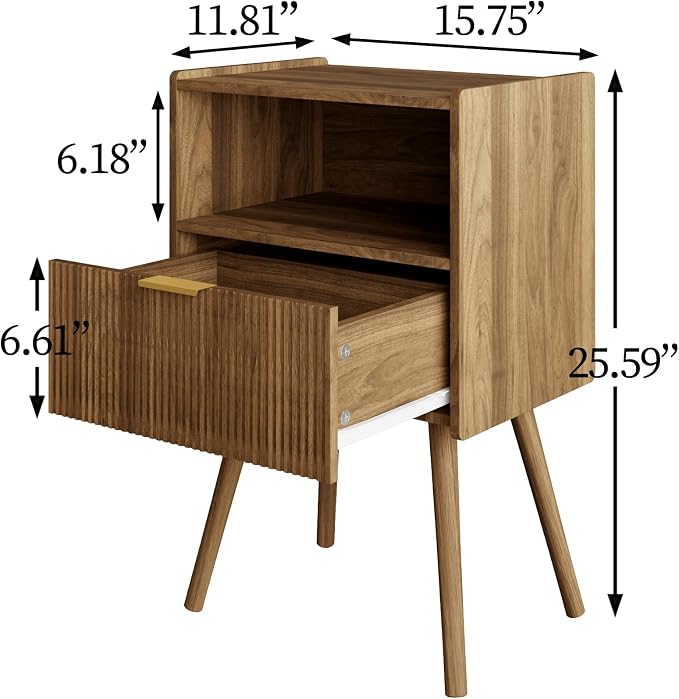 Veegle Nightstand,Modern Bedside Table with Storage Drawer and Open Wood Shelf, Accent Night Stand with Solid Wood Legs for Living Room, Bedroom and Small Spaces,Easy Assembly (Walnut Brown) - Image 2