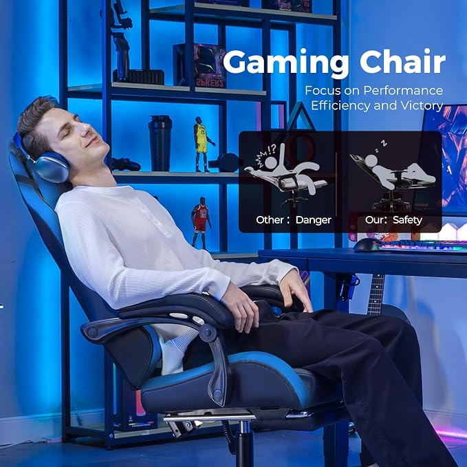 GTPLAYER Gaming Chair with Footrest, Video Game Chairs Racing Style PC Game Chairs 350lbs for Adults - Padded High Back Ergonomic Reclining Silla Gamer, Linkage Armrest, Blue - Image 6