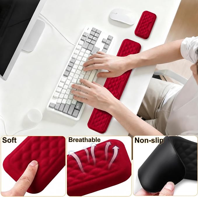 Keyboard Wrist Rest Mouse Wrist Support, Memory Foam Wrist Rest Pad for Computer Laptop, Ergonomic Wrist Cushion Support for Typing Pain Relief, Gaming Home Office, Red - Image 3