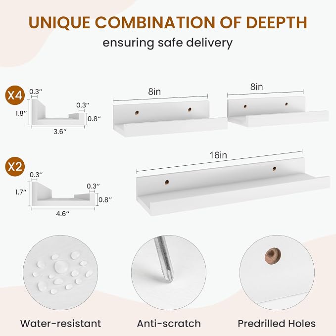 Picture Ledge Shelf, Floating Shelves for Wall Decor, White, Set of 6, 16'' - Image 3
