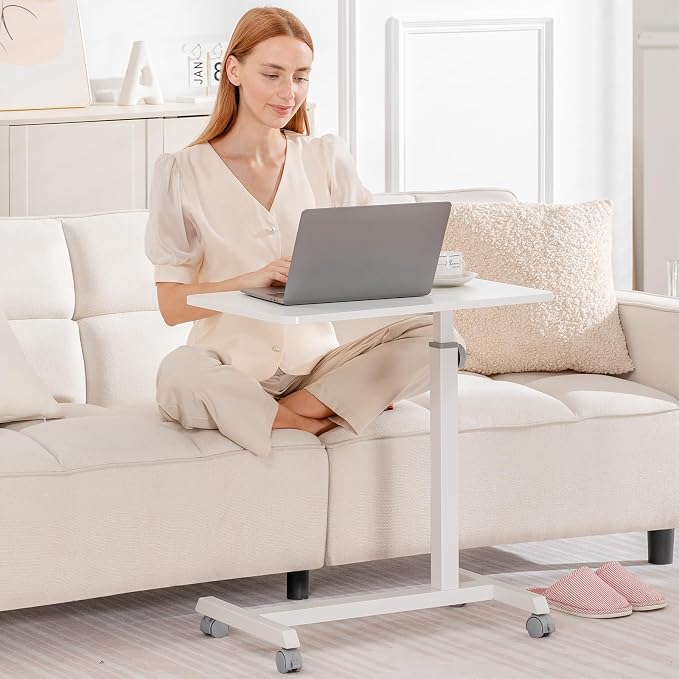 GTPLAYER Small Standing Desk, 24 Inches Mobile Rolling Laptop PC Table with Lockable Casters, Adjustable Height Overbed Bedside Table Computer Workstation for Home Office, White-Fixed - Image 2