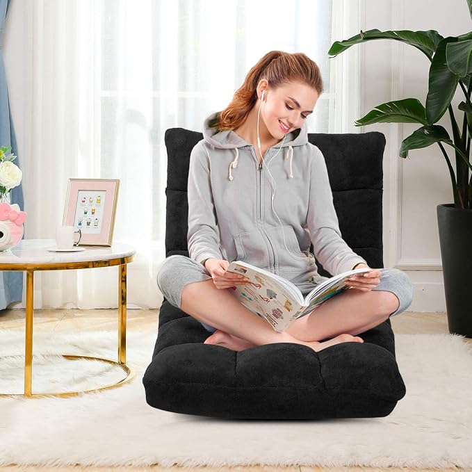 GIANTEX Floor Chairs for Adults, Floor Gaming Chair w/Back Support (Black) | Coral Velvet, 14 Adjustable Position, Thick Sponge Padding, Floor Seating Lounge for Reading, Watching TV, Meditation - Image 2