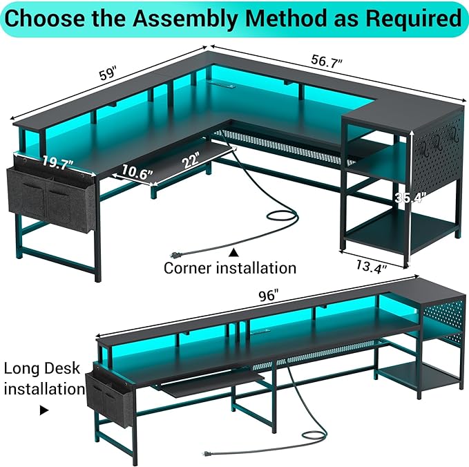 SEDETA L Shaped Gaming Desk, Reversible Computer Desk, Gaming Desk with Power Outlets & LED Strip, Monitor Shelf, Keyboard Tray, Pegboard and Storage Shelves for Home Office, Black - Image 3