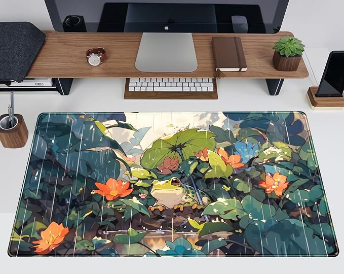 Anime Frog Mouse Pad Desk Mat Cure Frogs On Rainy Days Green Desk Decor Mat, Large Gaming Mouse Pad for Desk Computer Keyboard Laptop, Desk Decor Home Office Accessories for Girl with Stitched Eges - Image 5