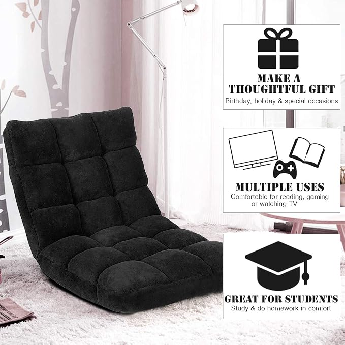 GIANTEX Floor Chairs for Adults, Floor Gaming Chair w/Back Support (Black) | Coral Velvet, 14 Adjustable Position, Thick Sponge Padding, Floor Seating Lounge for Reading, Watching TV, Meditation - Image 6
