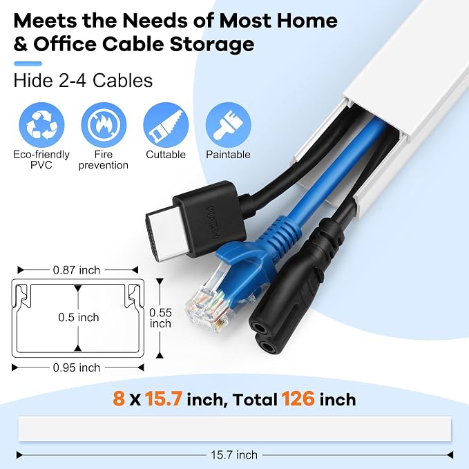126in(8 x L15.7in) Cord Hider Kit, Wire Covers for TV on Wall, Paintable Cable Management Kit, Cable Cover for Mounted TV, Hide Wires Along Wall, Grey Cord Cover, W0.95in H0.55in - Image 2