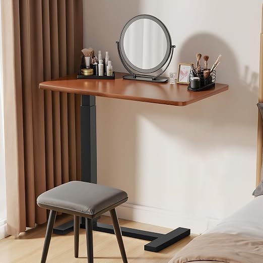 Adjustable Overbed Bedside Table with Wheels, Rolling Laptop Table, Pneumatic Adjustable Hospital & Home Use Bed Table, Mobile Standing Desk, Brown - Image 7