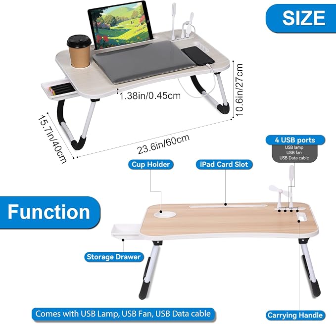 Portable Bed Desk, Foldable Laptop Desk with 4 USB Charge Port/Cup Holder/Tablet Slot/Storage Drawer, Folding Lap Table for Working, Writing, Drawing and Eating (White) - Image 4