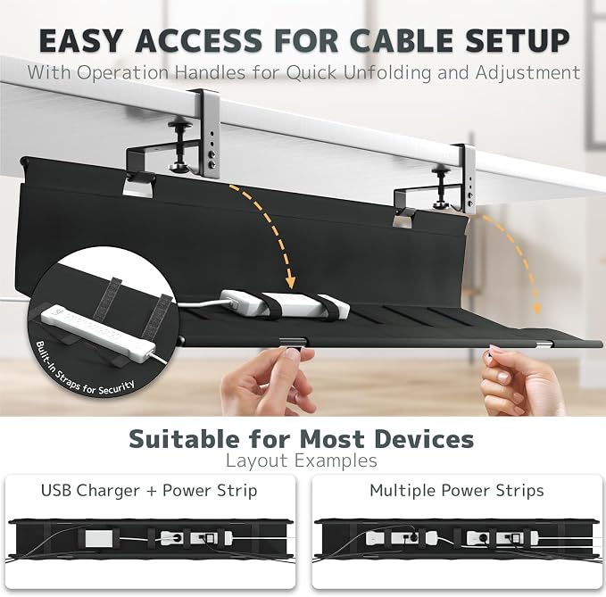 No Drill Under Desk Cable Management Tray - 36" Clamp/Screw Desk Cord Management, Premium Fabric Cable Racyway for Office & Home - Image 5