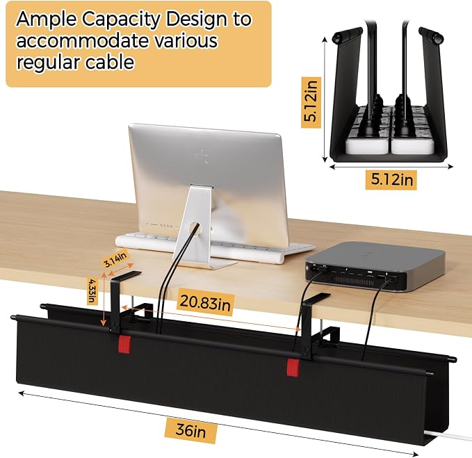 Under Desk Cable Management Tray, 28" Fabric Wire Cord Organizer, Black - Image 4