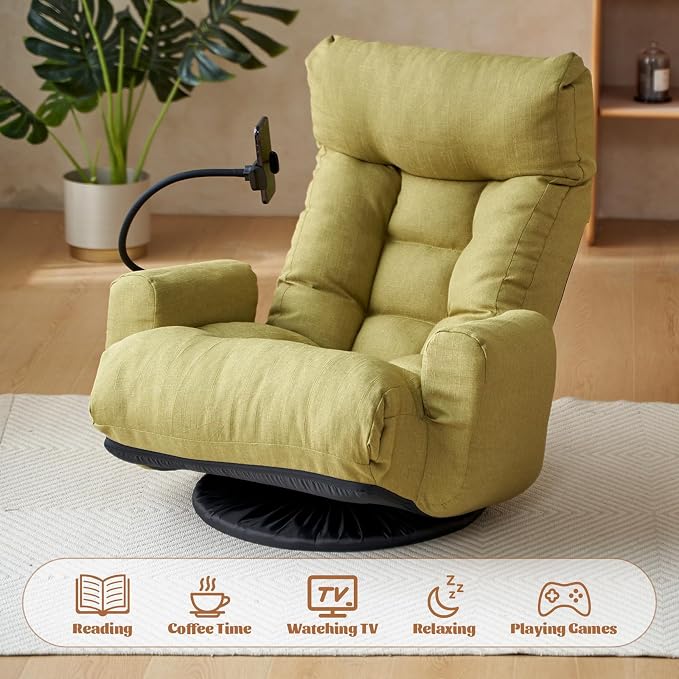 360° Swivel Floor Green Gaming Chair Linen Folding Lounge Sofa Chair with Adjustable Head and Waist, Armrests & Phone Holder, Padded Cushion Leisure Chairs for Living Room Bedroom - Image 8