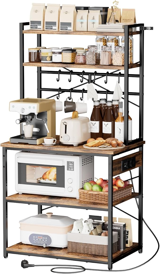 VEVOR Kitchen Bakers Rack with Power Outlets, 31.5 x 15.7 x 63.7Inch Microwave Stand with Built-in Power Strip & 5 Ft Cord, 12 S-Shaped Hooks, for Dish Storage, Spice Jars, Coffee Bar Organization by VEVOR