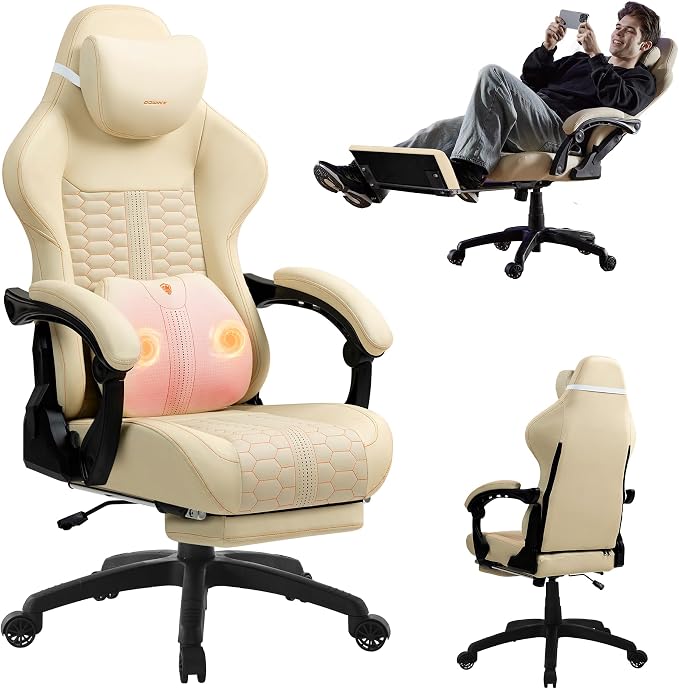 Dowinx Big & Tall Vintage Gaming Chair for Adults, 400 lb Capacity Heavy Duty Ergonomic Computer Chair with Massage Lumbar, Footrest & Easy Side Recline, Beige by Dowinx