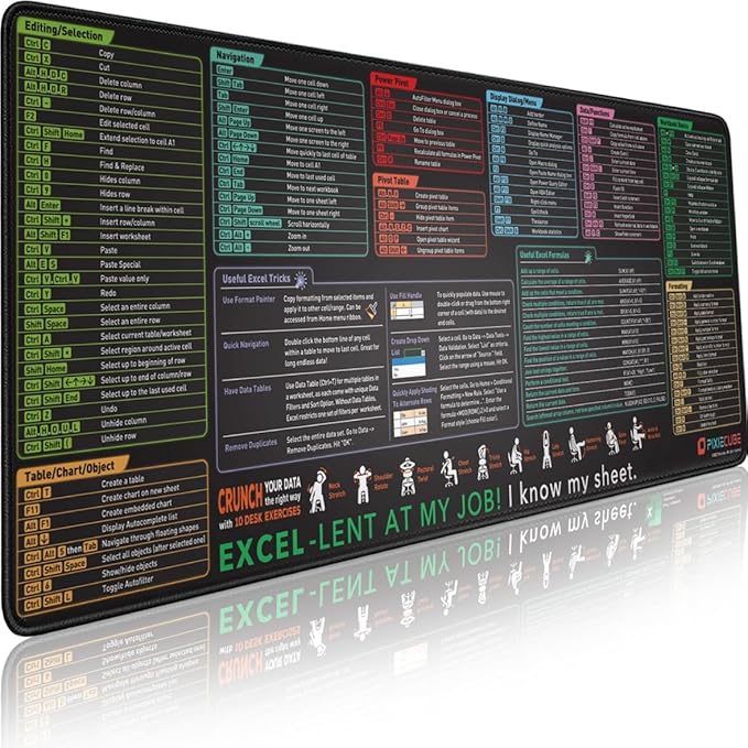 Pixiecube Excel Cheat Sheet Desk Pad | Excel Shortcut Keys Mouse Pad | Extended Large XL Gaming Mousepad | PC Office Spreadsheet Keyboard Mat | Non-Slip Stitched Edge by PIXIECUBE