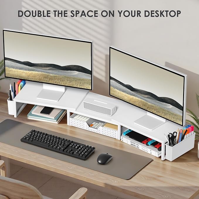 OPNICE Desk Organizers and Accessories, Dual Monitor Stand Riser with Drawer and 2 Pen Holders, Desk Shelf Computer Racks for Office Workspace Organizers, Desktop Organization (White) - Image 4