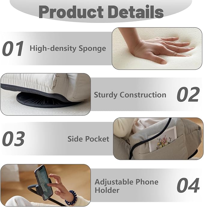 360° Swivel Gaming Floor Chair, 5 Position Adjustable Folding Sofa Chair with Armrests & Phone Holder, Cushion Padded Indoor Chaise Lounge for Adults, Home Office Floor Leisure Chairs, Grey - Image 5