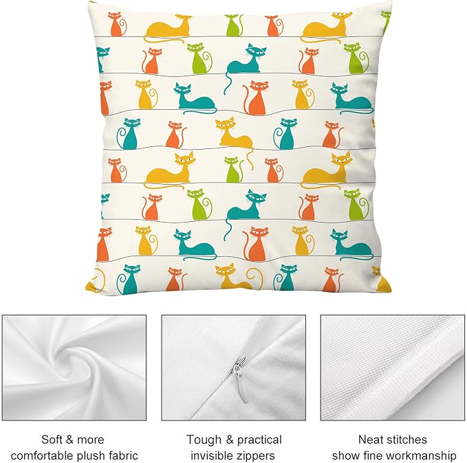 Mid Century Modern Cats Throw Pillows Cover 18"x18" Set of 2,Retro Decorative Pillow Cases for Sofa Couch Bedroom Living Room Ourdoor Cushion Covers - Image 6