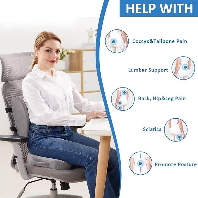 SAIREIDER Lumbar Support Pillow and Office Chair Cushion, Memory Foam Car Seat Cushions Back Support Pillows, Reduce Pressure On Tailbone and Sciatic Nerve, Relieve Pain of Back and Lumbar(Grey) - Image 2