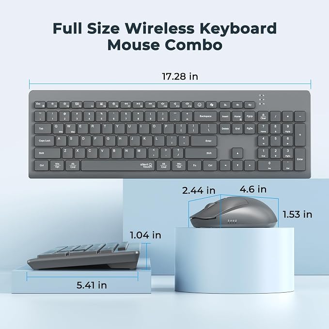 Wireless Keyboard and Mouse, 2.4GHz/Bluetooth Quiet Full Size Set, Gray - Image 4