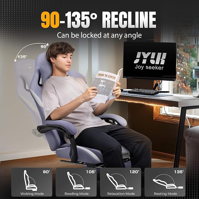 GTPLAYER Gaming Chair with Foot Rest & Pocket Spring Cushion, Ergonomic High Back Computer Desk Chair with Headrest & Lumbar Support for Back Pain Relief, Breathable Fabric, Purple - Image 6