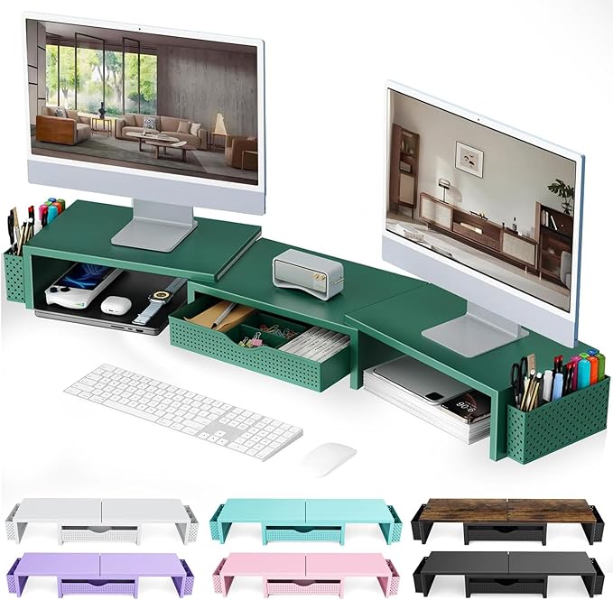 gianotter Dual Monitor Stand Riser With Drawer and 2 Pen Holders | Computer Monitor Stand Desk Organizer and Accessories Desk Shelf for Top of Desk (Green) by gianotter