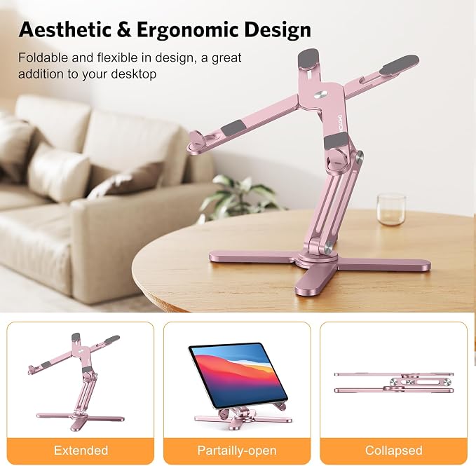 OMOTON LA10 360° Rotating Laptop Stand Riser Foldable for Desk, Pink | Aluminium Aolly, Tool-free Adjustable Height Angles, Collaborative Work, Easy Storage, Fits 11"-17" MacBook Pro/Air, Dell, HP - Image 3