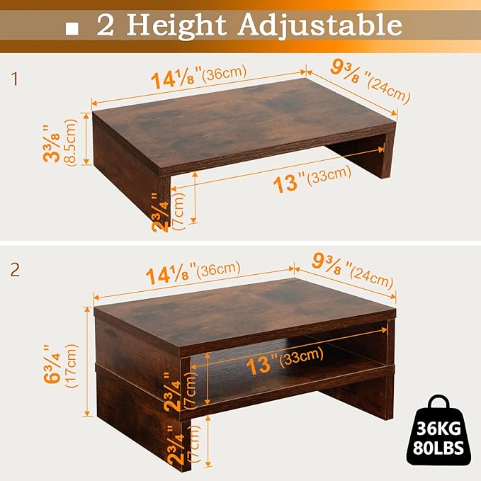 TEAMIX 2-Pack Wood Monitor Riser, Desk Stand for 2 Monitors, Rustic Brown | Holds 80Lbs, Stacked/Separate Use, 2 Tier Adjustable, Use as Laptop/TV Riser, Computer Stand for Home Office Desk, Gaming - Image 4