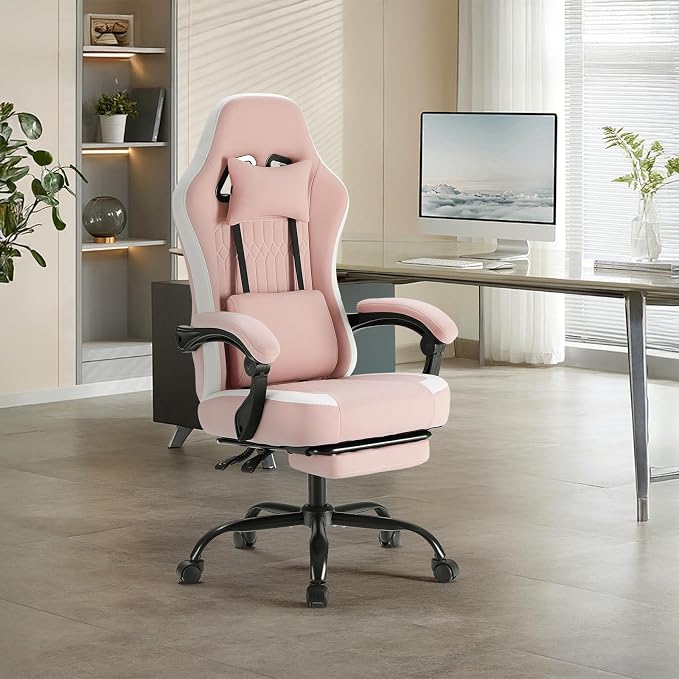 DUMOS Ergonomic Gaming Chair with Footrest, Video Game Chairs | Comfy Lumbar Support, Linkage Armrests, Tech Fabric, Pocket Spring Cushion, Office, Adults Students, Pink - Image 9
