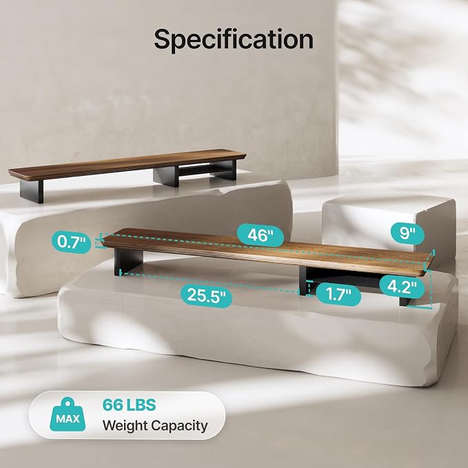 PEGZONE 46" Dual Monitor Riser, Metal Shelf Wooden Desk Organizer | Walnut Wooden Desk Shelf for 2 Monitors/TV,Monitor Stand Riser for Desk, Wood Monitor Stand Organizer for Home Office - Image 9