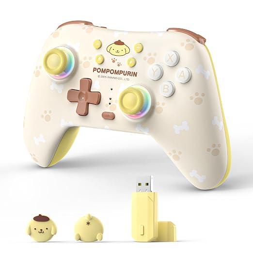 Kuitmor Pompompurin Dog Switch Pro Controller, Cute Hall Effect Wireless Gamepad No Drift for Switch 2/Switch/OLED/Lite, PC/Steam, Android, iOS, Bluetooth + Wired, Turbo, Back Buttons, 6-Aixs Gyro, Wake-up, RGB (Yellow, With Receiver) by Kuitmor