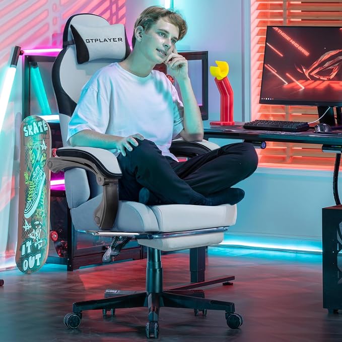 GTPLAYER Gaming Chair, Computer Office Chair Lumbar Support, Linkage Armrests and Footrest, Ergonomic Game Chair for Adults with Extended Backrest, Velvet Fabric, Light Blue - Image 2