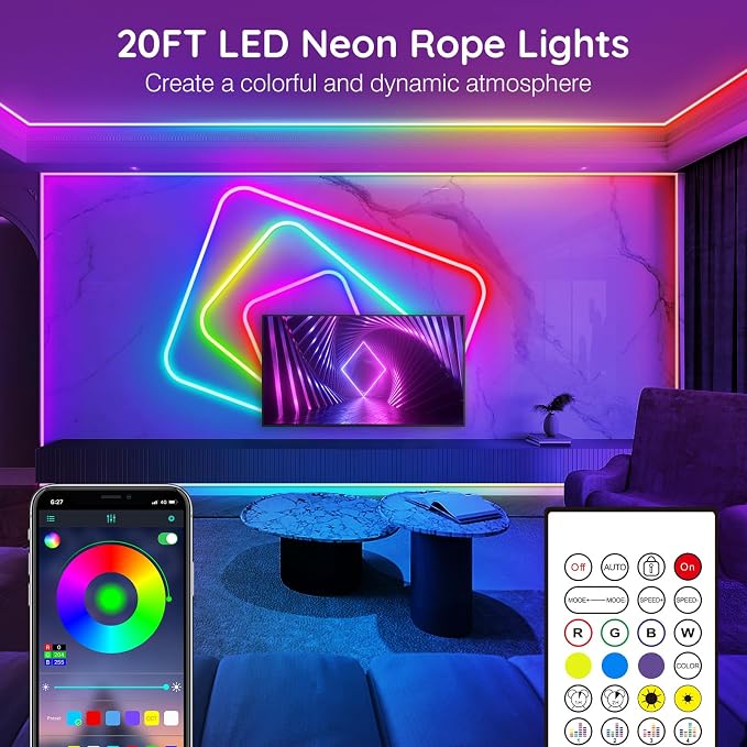 AILBTON 20FT Neon Rope Lights, RGB LED Strip Lights, Waterproof IP67 LED Lights for Bedroom, DIY Design, Music Sync, Remote Control, Multiple Modes for Bedroom - Image 2
