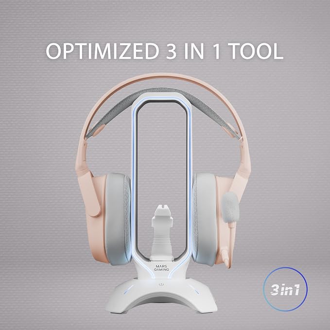 Mars Gaming MHHPROW, Gamer Headset Stand with 2xUSB HUB + Bungee Mouse, White - Image 2