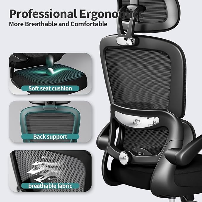 TRALT Office Chair Ergonomic Desk Chair - Gaming Chair with Lumbar Support | 330 LBS Home Office Desk Chairs with Headrest, Reading Chair with Flip-up Armrests, Comfortable Computer Chairs (5, Black) - Image 4