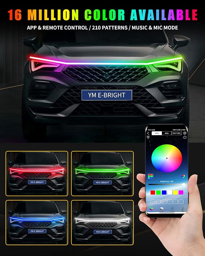 YM E-Bright LED Hood Light Strip, 70in RGB App Control Dynamic Scan DRL 12V - Image 4