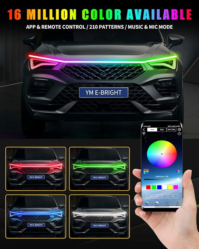 YM E-Bright LED Hood Light Strip, 59in RGB App Control Dynamic Scan DRL 12V - Image 4