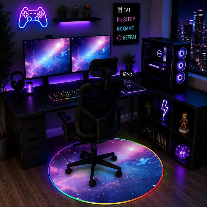 Gaming Chair Mat for Hardwood Floor Circle RGB Gaming Lights (Galaxy 47”) - Noise Cancelling, Anti-Slip Gamer Floor Mat – Scratch Resistant Computer Gaming Mat for Chair – Office Chair Mat - Image 8