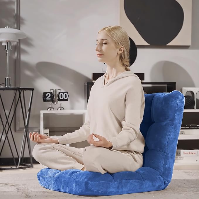 14-Position Lazy Sofa Chair with Soft Coral Fleece, Folding Gaming Chair, Couch Recliner, Floor Seat for Reading, Meditating, Yoga (Blue) - Image 2
