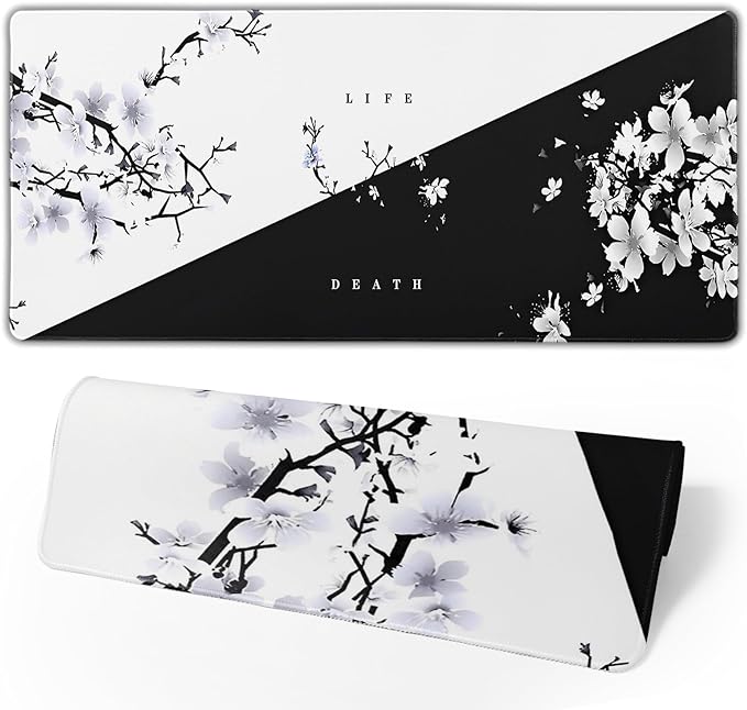 Japanese Life Death Keyboard Mat, Black White Japanese Anime Gaming Mouse Pad for Desk with Anti-Slip Rubber Base and Stitched Edges, Japanese Sakura Pagoda Sun Mouse Pad by Brecoy