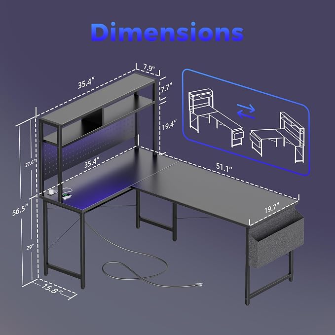Mericonia 51 in L Shaped Desk with Pegboard, Reversible Corner Gaming Desk | Large Computer Desk with Hutch, Power Outlets, LED Light & Storage Bag, Office Table for Home Bedroom Study Work Writing - Image 2