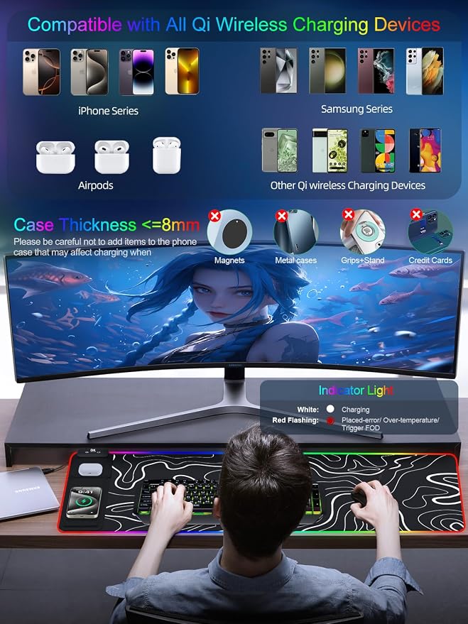 XXL Mouse Pad with Phone Holder - Black, RGB Desk Mat with 15W Fast Charging, LED Gaming Mousepad with 11 Light Colors, Waterproof Non-Slip Pad for Office & Home (Topographic) - Image 3