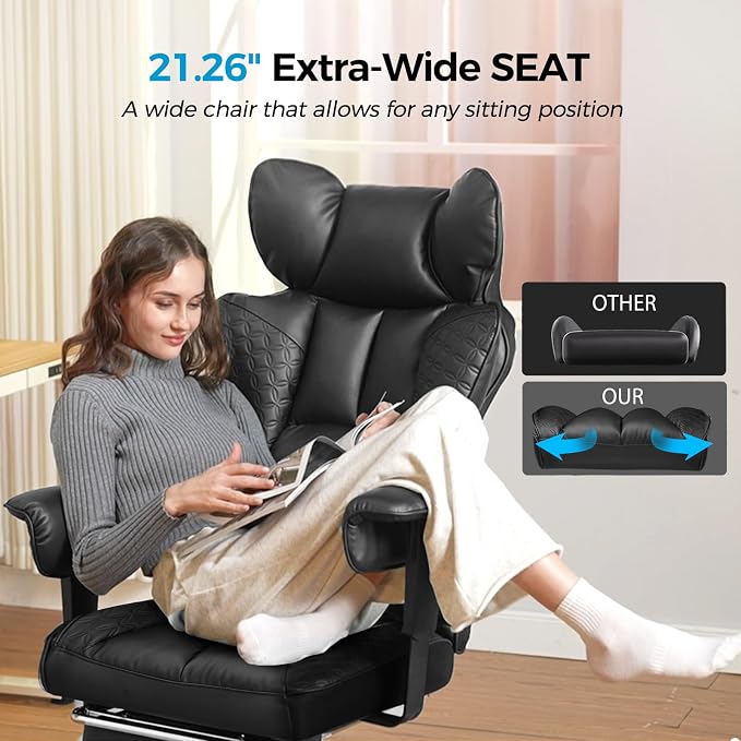 COMHOMA Big and Tall Office Chair Heavy Duty Wide Ergonomic Gaming Chair with Deluxe Embossing Leather with Foot Rest 150°Reclining Adjustable Armrests Pocket Spring Back Support and Without Pillow - Image 6
