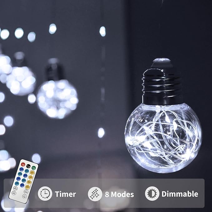 YOLIGHT Wishing Ball Curtain Lights 200 LED Window Curtain String Lights with Remote, USB Battery Powered Twinkle Globe Fairy Lights for Wedding Party Bedroom Halloween Christmas Decoration (White) - Image 3